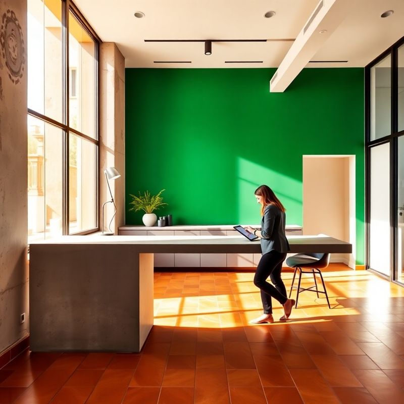 Oficina de Moderno Atelier con pared verde esmeralda y equipo revisando una tableta