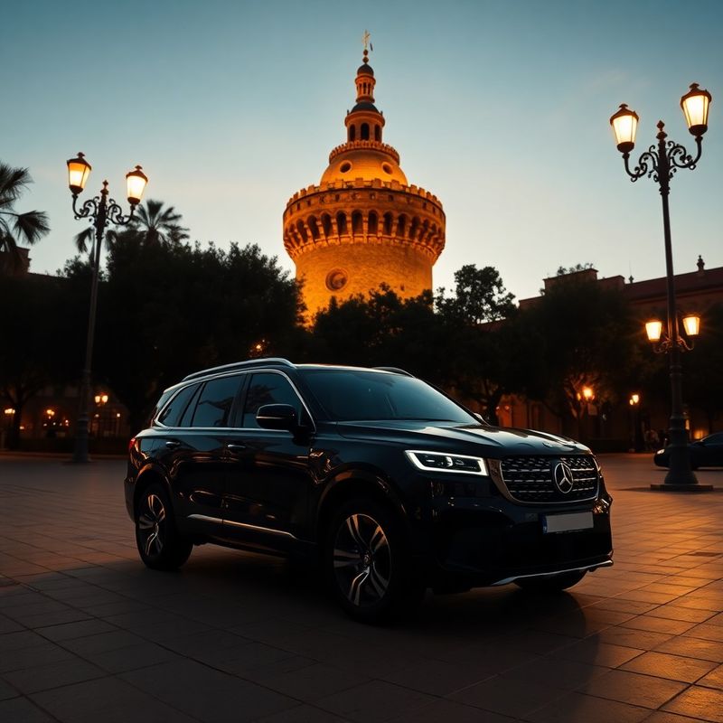 SUV premium negro frente a la Torre del Oro al atardecer